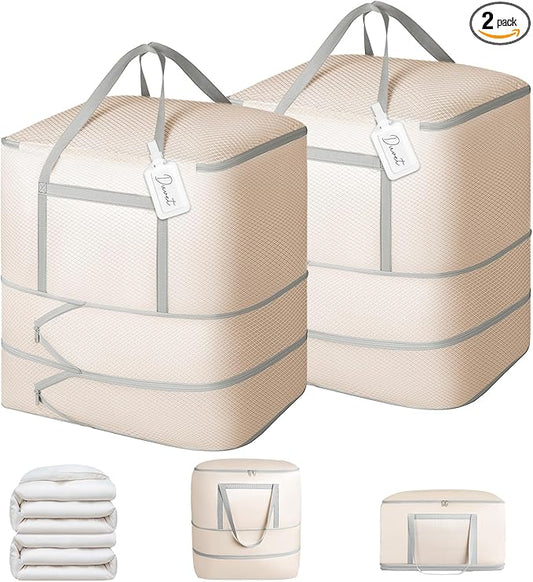 Comforter Storage Bag - 120L Bedding Storage Bags for Closet and Moving, Washable Blanket Storage Bag, Ultra Space Saving Self Compression Organizer, 2-Pack, Beige