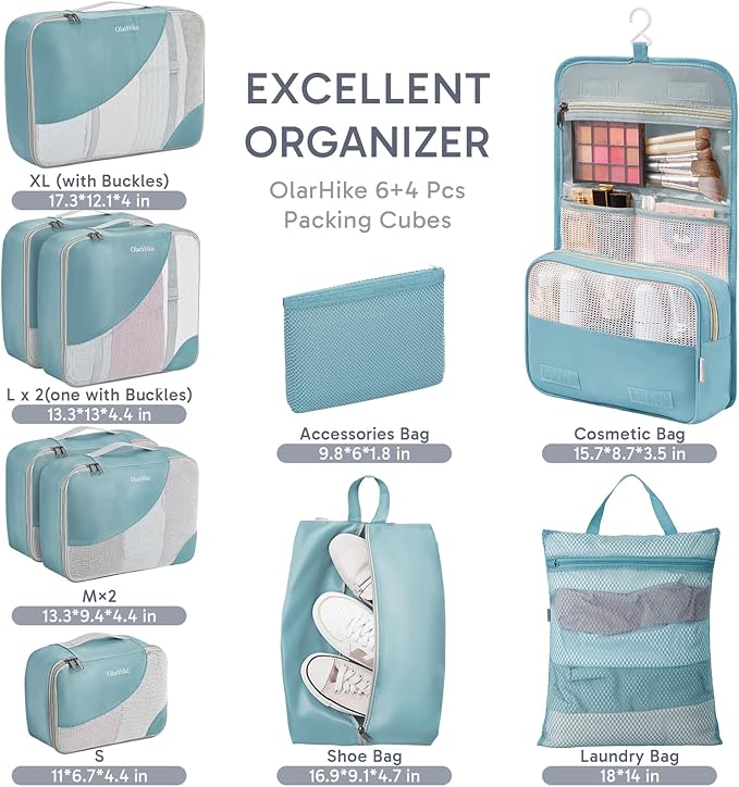 10 Set Packing Cubes for Travel, Gifts for Women Mom,Anti-Tearing Suitcase Organizer,OlarHike Vacation Essentials & Accessories for Cruise Ship