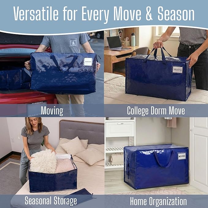 VENO 6 Pack Extra Large Heavy Duty Moving Bags with Wide Opening & Reinforced Handles, Reusable Storage Tote Bags with Strong Zippers for Clothes, College Dorm Essentials & Moving Supplies