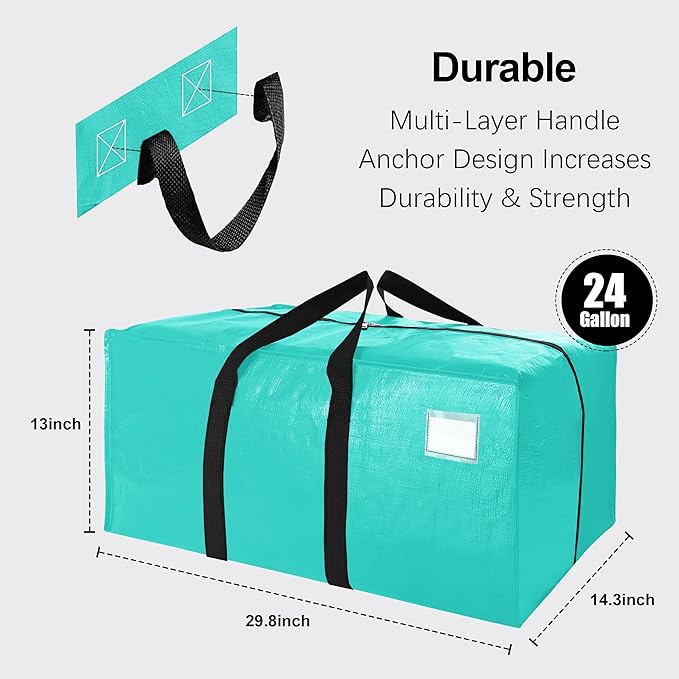 VELVETSURE 6 Pack Heavy Duty Large Moving Bags W/Backpack Straps - Strong Handles & Zippers, Storage Totes For Space Saving, Fold Flat, Alternative to Moving Box and Storage Bin, Aquamarine