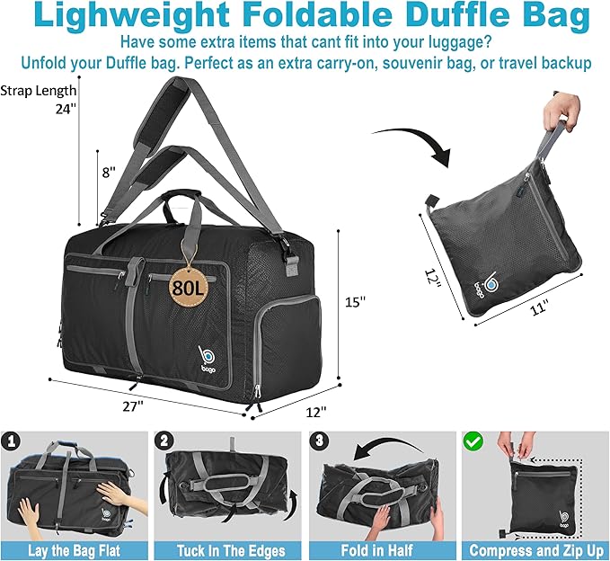 Bago Large Duffle Bag for Travel Women & Men. Durable Lightweight Foldable Travel Duffel Bags For Traveling Women. 80L Duffle Bags For Overnight Bag With Shoe Compartment Collapsible Weekender duffel