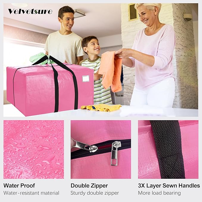 VELVETSURE 6 Pack Heavy Duty Large Moving Bags W/Backpack Straps - Strong Handles & Zippers, Storage Totes For Space Saving, Fold Flat, Alternative to Moving Box and Storage Bin, Pink