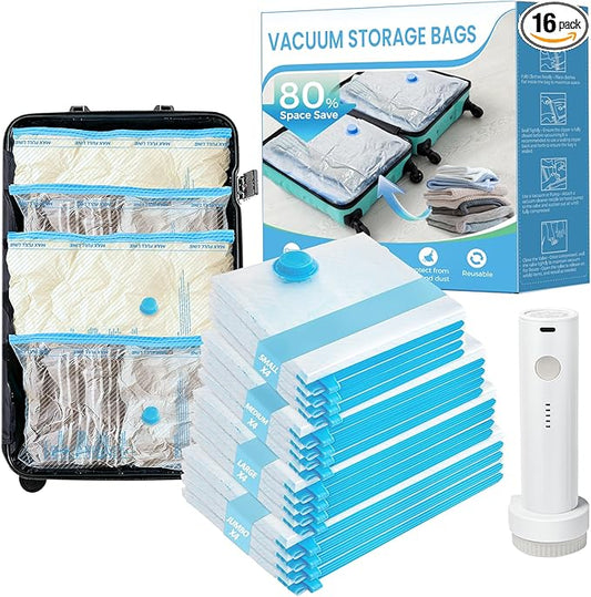 ANBIUX Vacuum Bags for Travel with Rechargeable air Pump, 16 Pack Carry-on Size Compression Packing Bags for Luggage and Suitcase, Space Saver for Clothes and Clothing Travel 16 PACK+PUMP