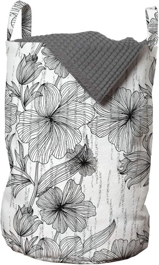 Ambesonne Floral Laundry Bag, Black and White Hand Drawn Line Art Design Wild Spring Flowers Illustration, Hamper Basket with Handles Drawstring Closure for Laundromats, 13" x 19", Black White