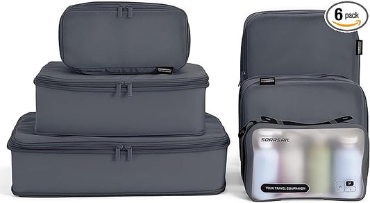 6 Set Compression Packing Cubes for 7–14 Day Travel, Durable Nylon Oxford Luggage Organizers with IP6X Waterproof Toiletry Bag, Expandable Suitcase Packing System (Charcoal Gray)