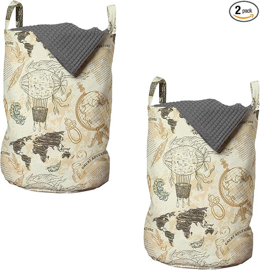 Ambesonne World Map Laundry Bag Pack of 2, Pattern Vintage Globe Atlas Theme Airship Knots Ribbon Retro Print, Hamper Basket with Handles Drawstring Closure, 13" x 19", Beige Green