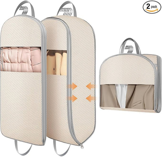 DIMJ Garment Bags for Hanging Clothes 10" Gusseted, Space Saving Compression Suit Bag Travel with Handles Window, Washable Carry Clothing Storage Cover for Dress, Coats, Jacket, Shirts,43" 2 Pack