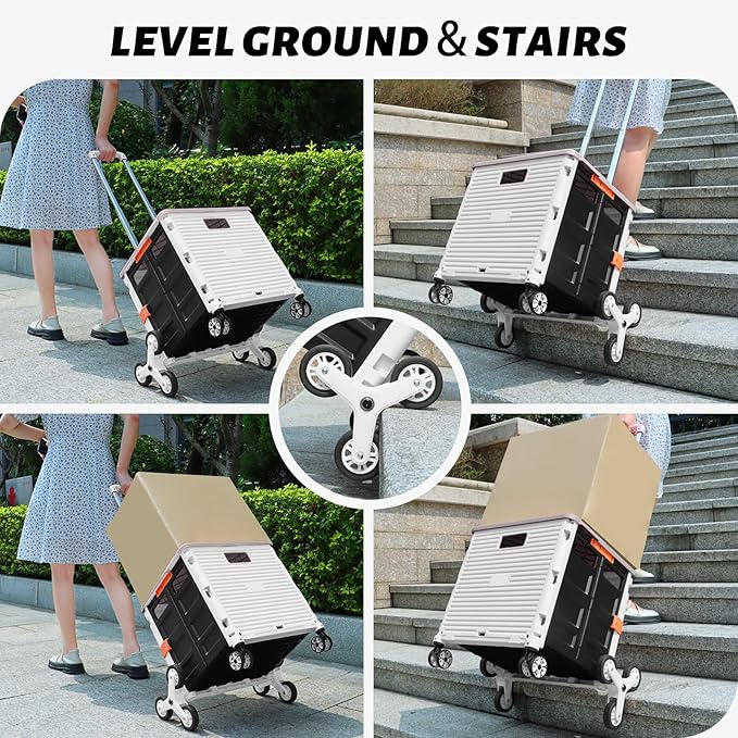FELICON SELORSS Folding Utility Cart Portable Rolling Crate Handcart with Stair Climbing Wheels&360°Swivel Wheels Telescoping Handle Plastic Box Dolly for Travel Shop Move Office Teacher Use(White)
