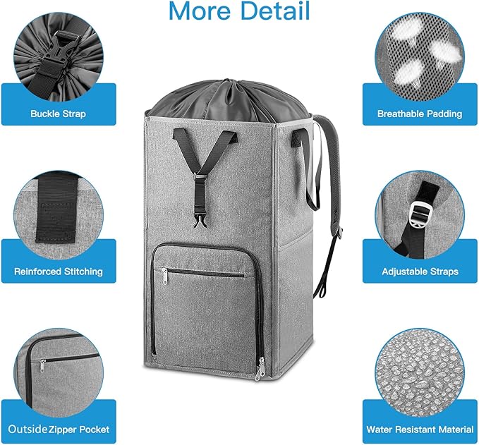Bukere Laundry Backpack Bag, Extra Large 2 in 1 Laundry Hamper Basket for College Students Dorm Essentials, Adjustable Shoulder Straps, Freestanding Laundry Bag(Grey&Grey)