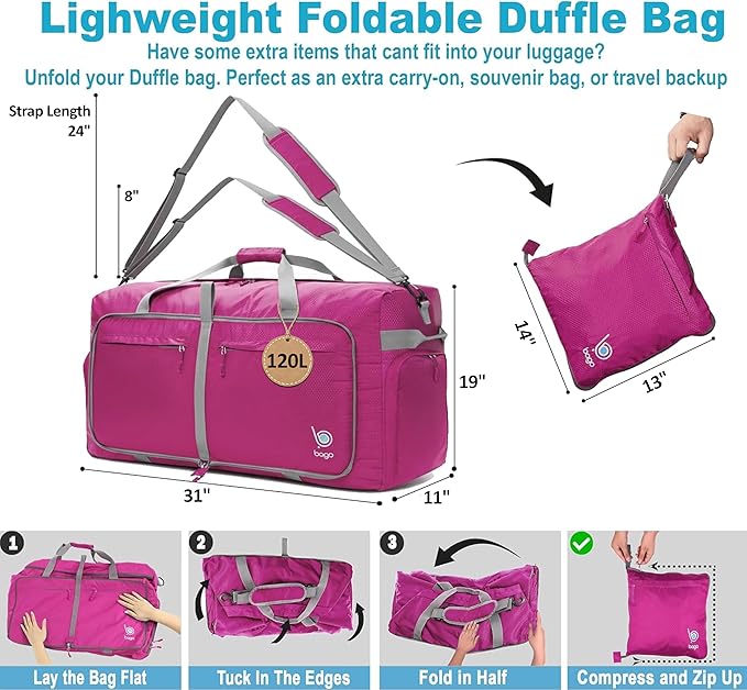 Bago Extra Large Duffle Bag for Travel Women & Men. Durable, Lightweight, Foldable Travel Duffel Bags For Traveling Women. 120L Duffle Bags Use As a Weekender Bag with Shoe Compartment, Checked Duffel