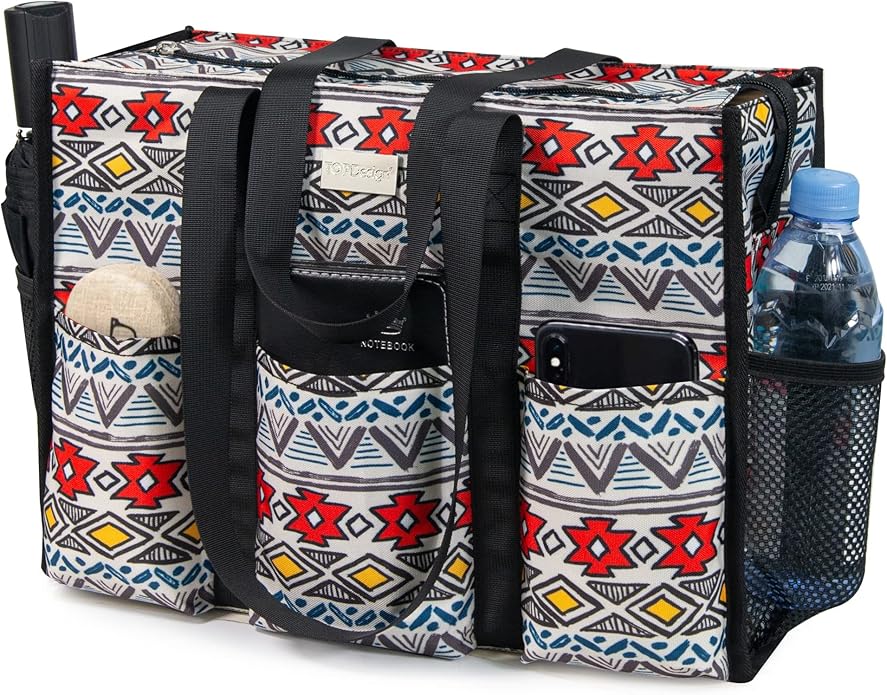 TOPDesign Utility Water Resistant Tote Bag with 13 Pockets, Top Zipper Closure & Thick Bottom Support, for Working Women