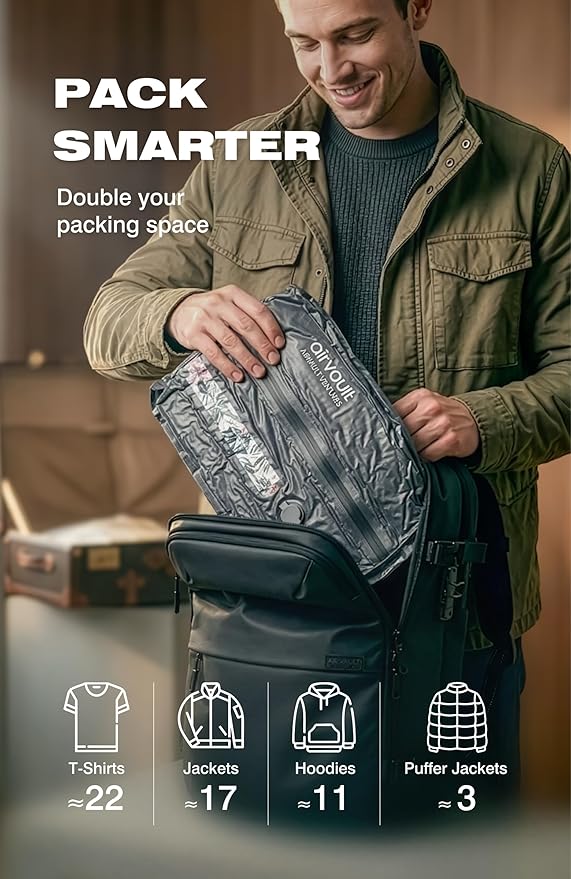 AirVault Reusable Vacuum Compression Travel Bag for Carry-On Suitcase and Backpack, Recycled IP67 Waterproof Space Saver Vacpack (18L Gray (3-Pack) (Air Pump Included)