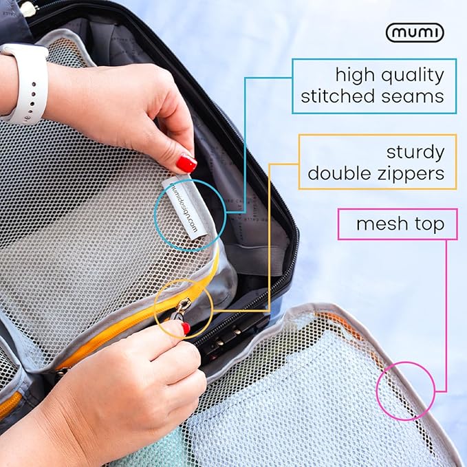 MUMI Packing Cubes - 5 Compression Packing Cubes for Travel, Luggage Organizer Bags for Suitcases, Carry-On, Duffle or Backpack – Mesh, Waterproof Bags for Clothes, Kids & Travel Accessories - Black