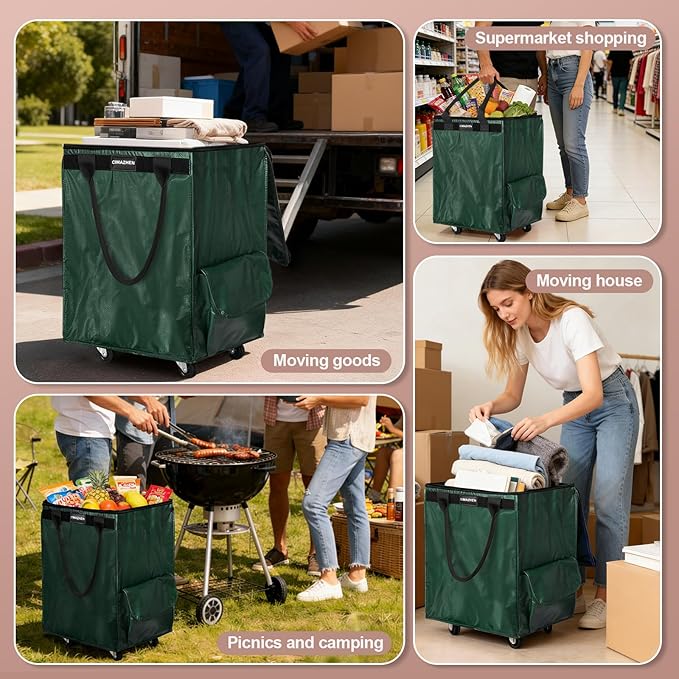 (Medium,Green) Reusable Grocery Bag on 4 Wheels, Foldable Rolling Tote Bag with 3 Handles and Zipper, Storage Organizer for Groceries, Rolling Shopping Cart for Travel, 76lb