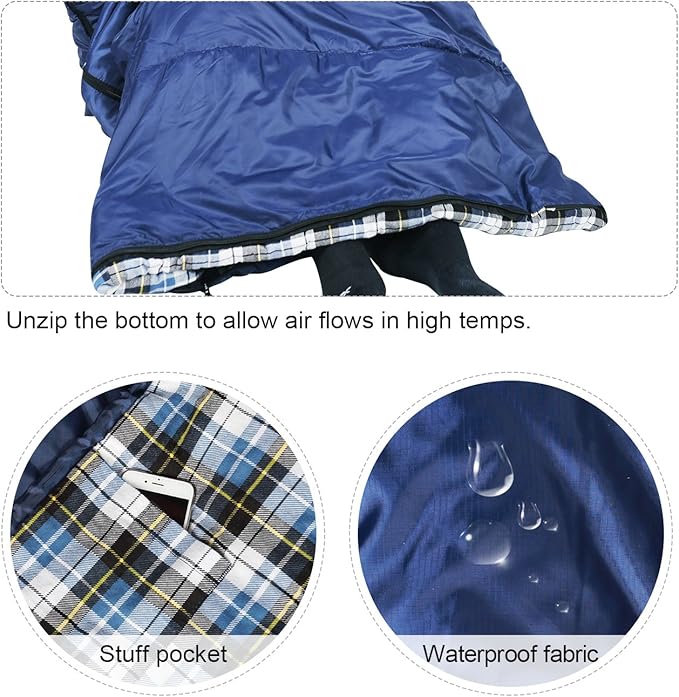 REDCAMP Flannel Sleeping Bag for Adults, Comfortable Cotton Envelope Sleeping Bags for Camping, Backpacking, Hiking, with Detachable Hood&Compression Sack, Blue/Red/Grey/Black