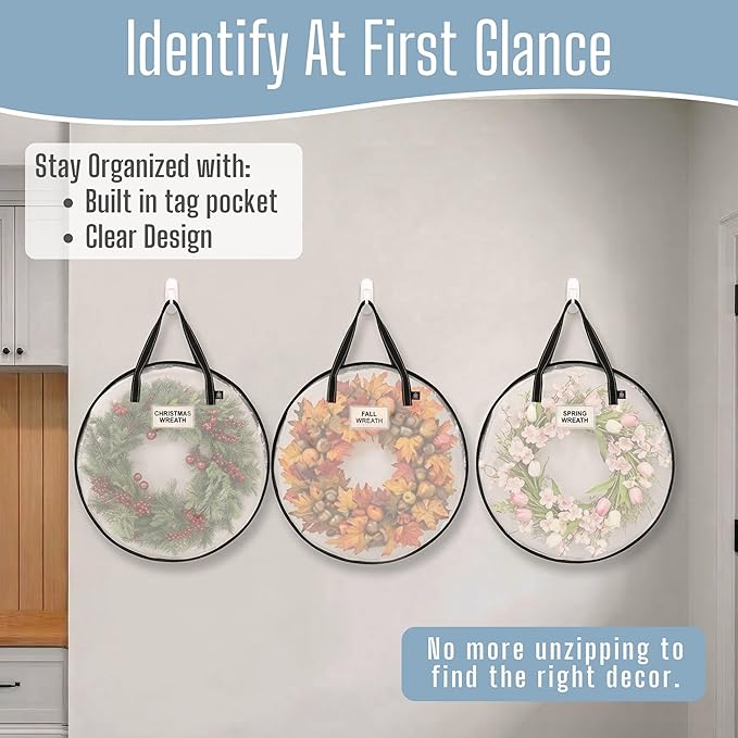 VENO 24 Inch Wreath Storage Container, 2 Pack Clear Round Christmas Wreath Storage Bag, Heavy Duty Clear Holder with Wall Hanging Handles