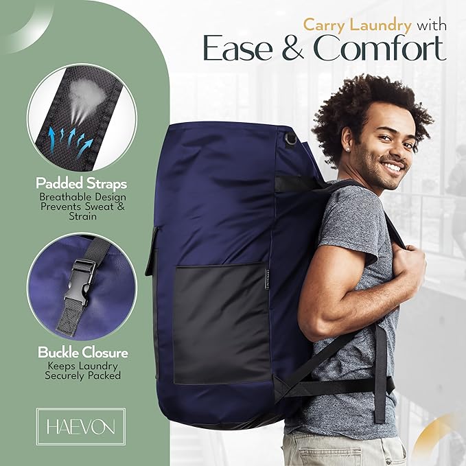 HAEVON Laundry Backpack - 131L Heavy Duty Laundry Bag with Padded Shoulder & Waist Straps, Removable Liner - College, Dorm, Apartment, Travel, Outdoor - Big Laundry Bag for Easy Carrying (Blue Black)