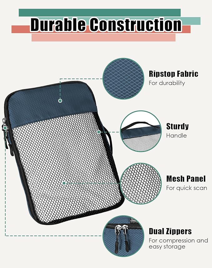WTREE 4-Piece Packing Cubes Travel Accessories Set for Suitcases - Luggage Organizer Bags with Double Zipper - Mesh Top - Medium - Dark Blue