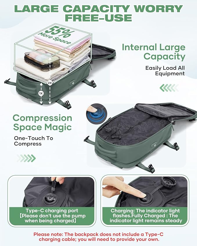 Vacuum Seal Travel Backpack Built-in Pump,Air Compression System Vacuum Vacpack Backpack Travel Bag for Women Men Carry On Suitcase Luggage Laptop Airlines Approved Daypack Space Saver Bags Dark Green