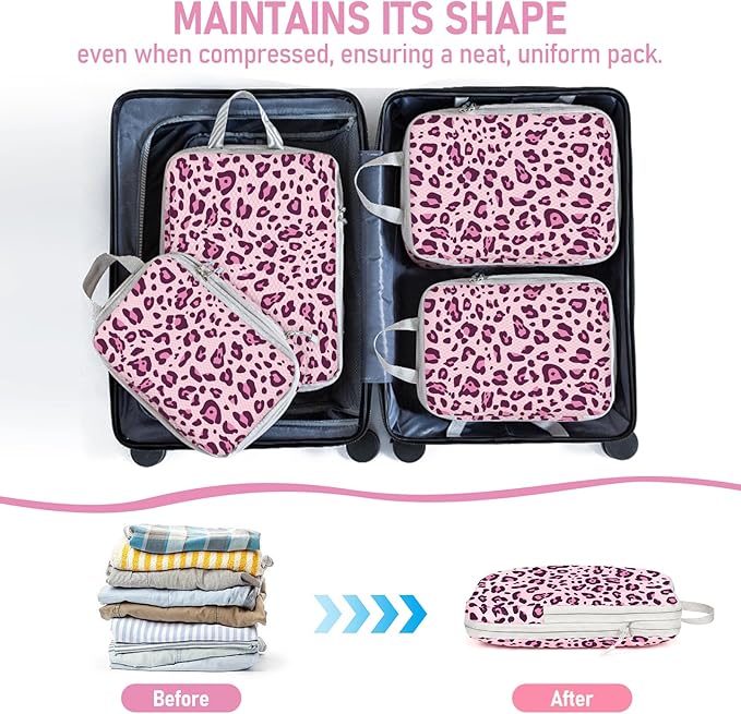 6 Set Compression Packing Cubes, Suitcase Organizer, Lightweight Travel Essentials, Compression Bags For Travel Accessories Luggage Storage Set (6Pcs, Purple Leopard)