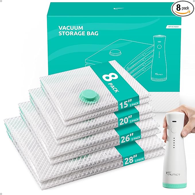NUTICT 8-Pack Vacuum Seal Storage Bags for Travel, Rechargeable Wireless Air Pump, 4-Size Compression Space Saver for Luggage and Suitcase, Long-Term Reusable Bag for Clothes, Cruise Ship Vacation