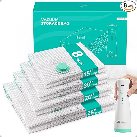 NUTICT 8-Pack Vacuum Seal Storage Bags for Travel, Rechargeable Wireless Air Pump, 4-Size Compression Space Saver for Luggage and Suitcase, Long-Term Reusable Bag for Clothes, Cruise Ship Vacation