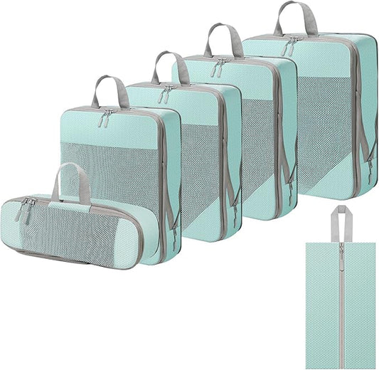 WOOMADA Compression Packing Cubes for Suitcases Travel Essentials 6 Set Rectangle Mesh Expandable Travel Bags Organizer for Luggage