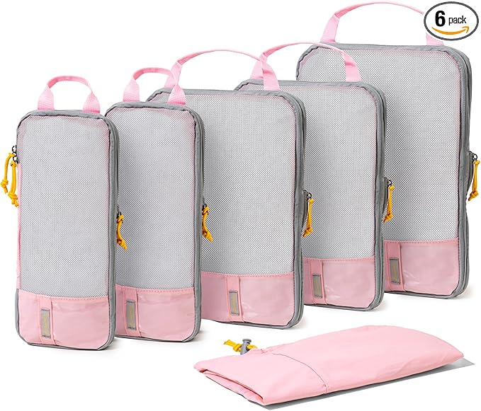(Not Made In China) 6pc Compression Packing Cubes For Travel, Suitcase and Luggage Space Saver Organizer Bags, Lightweight, Waterproof, Durable, Pink