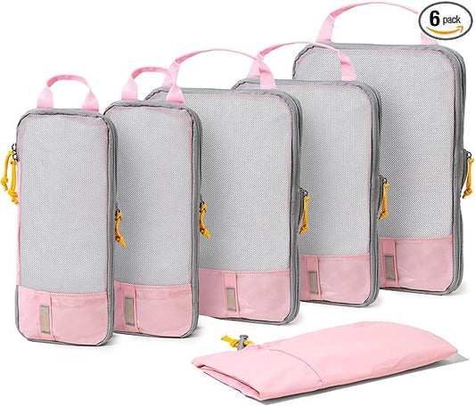 (Not Made In China) 6pc Compression Packing Cubes For Travel, Suitcase and Luggage Space Saver Organizer Bags, Lightweight, Waterproof, Durable, Pink