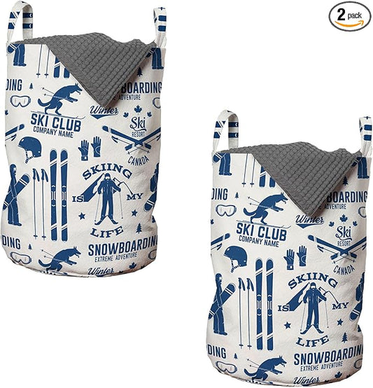 Ambesonne Ski Pattern Laundry Bag Pack of 2, Vintage Style Monochromatic Design of Skiing Themed Motifs, Hamper Basket with Handles Drawstring Closure, 13" x 19", Navy White