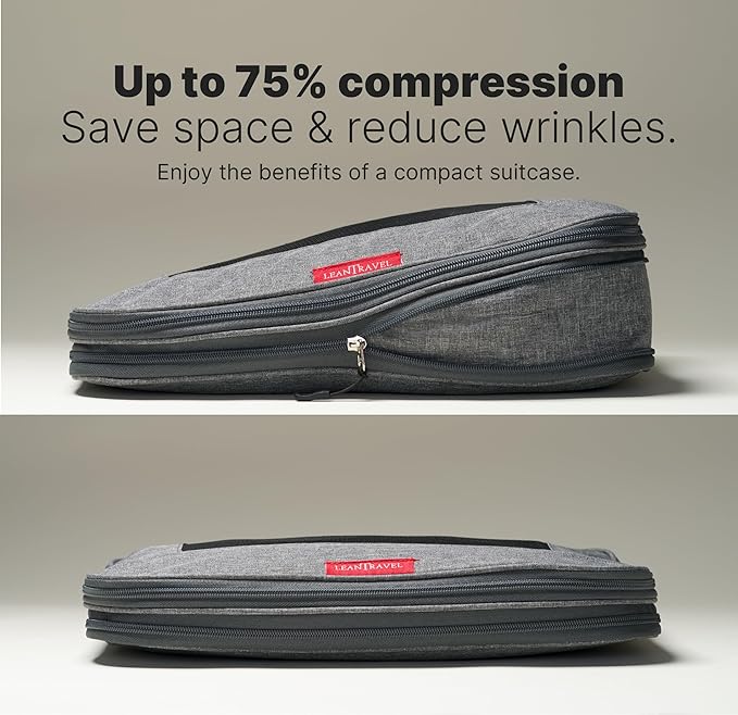 LeanTravel Premium Compression Packing Cubes for Travel - Suitcase Organizer Bags with Double Zipper & Breathable Mesh Panel - Space Saving Carry On Luggage Essentials (4-Pack, Grey)
