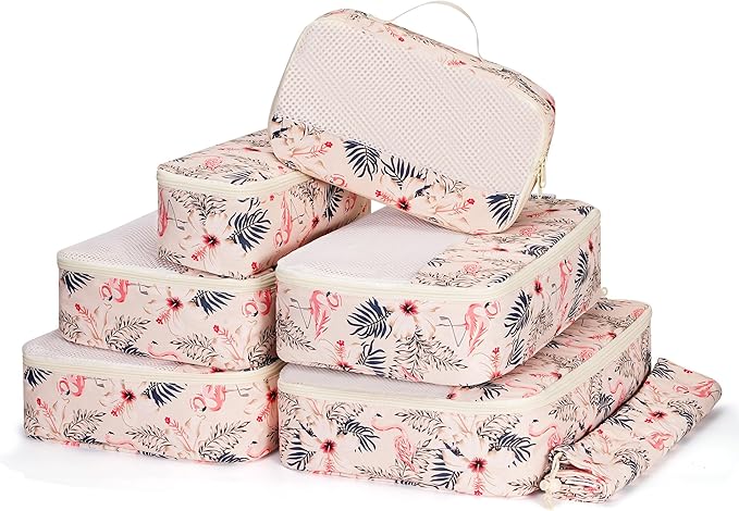 Narwey 7 Set Packing Cubes for Travel, Durable Packing Organizers for Kids Women Men, Carry on Luggage Travel Essentials Accessories (Beige Flamingo)