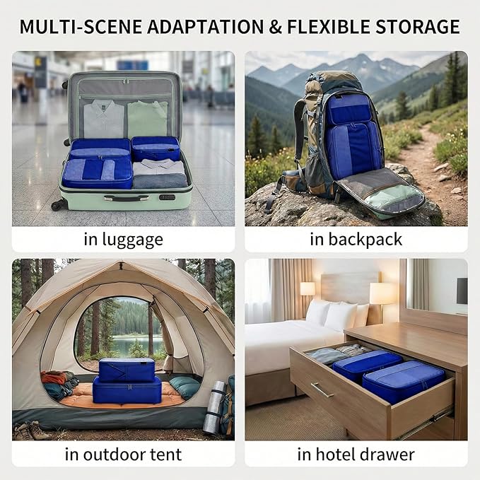 4 Piece Compression Packing Cubes for 3–7 Day Travel, Space Saving Travel Organizers with Breathable Mesh, Double-Zipper Packing Cubes for Carry-On & Suitcases (Blue)