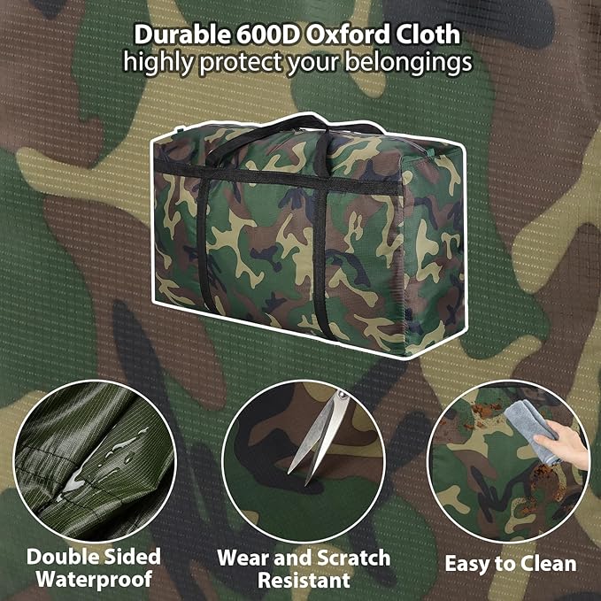 Camouflage Extra Large Moving Bags, Heavy Duty Storage Bags, 600D Oxford Cloth Wrap Around Handles Double Zipper, Waterproof Reusable Convenient (100L-3P)