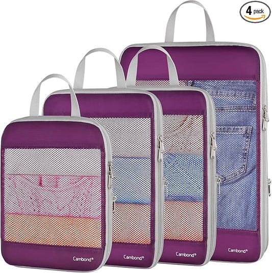 Cambond See Through Mesh Compression Packing Cubes - 4 Piece Expandable Space Saving Packing Cubes for Travel, Lightweight Travel Bags Luggage Packing Organizer Essentials for Suitcases, Purple