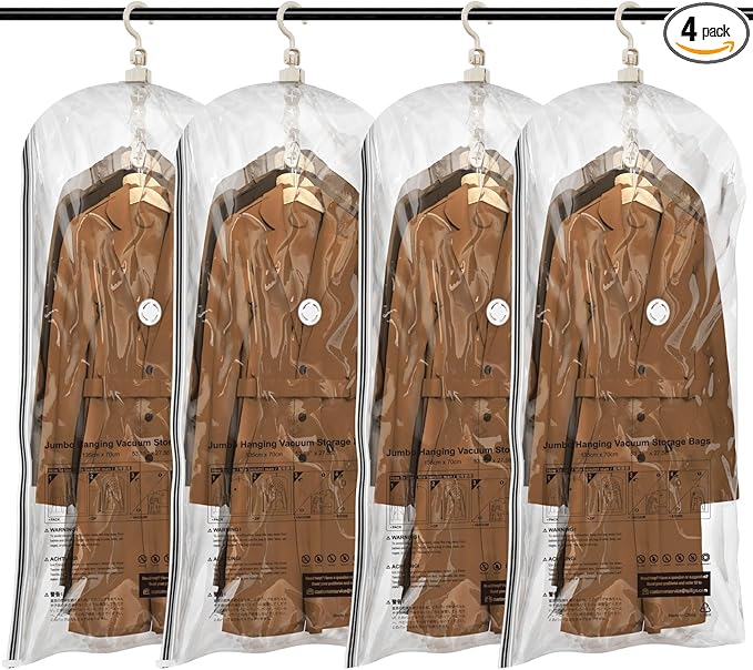 TAILI Hanging Vacuum Sealer Storage Space Saver Bags for Clothes, Suits, Coats or Jackets, 4 Pack Jumbo 53x27.6 Inches, Clear