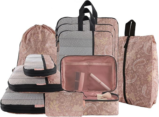 U+U 10 Set Compression Packing Cubes - Ultralight Travel Organizers with Laundry Bag, Space-Saving Suitcase Organizer, Expandable Packing Cubes for Travel and Family Vacation (Paisley Pattern)