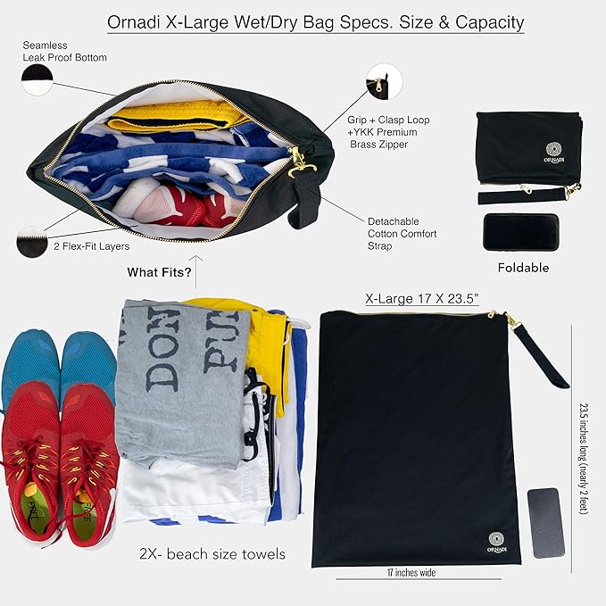 Ornadi X Large Waterproof Antimicrobial Travel Wet Dry Laundry Bag Inhibits Bacteria & Odor from Swimsuits & Towels, Sweaty Gym Shoes, Dirty Clothes Protects Luggage Made in USA 17 x 23.5”