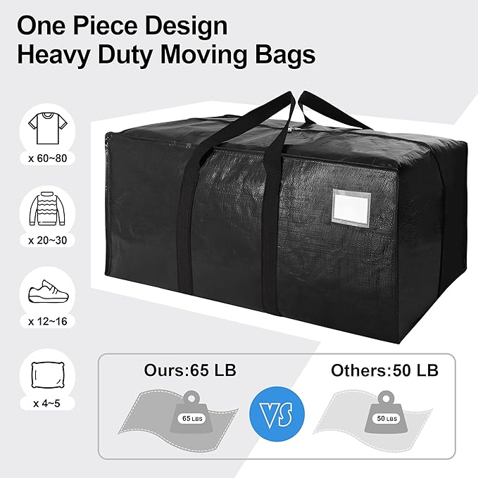 VELVETSURE Heavy Duty Extra Large Moving Bags W/Backpack Straps - Strong Handles & Zippers, Storage Totes For Space Saving, Fold Flat, Alternative to Moving Box and Storage Bin (Set of 6, Black)