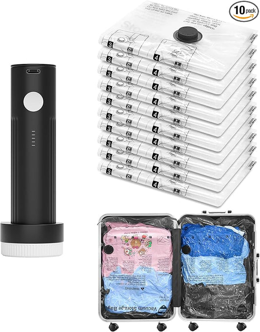 Vacuum Seal Bags for Clothing Travel and Home Storage, Travel Vacuum Bags with Electric Pump, Space Saver Compression Packing Cubes for Luggage Suitcase Bedding Blankets Clothes, 10 Small