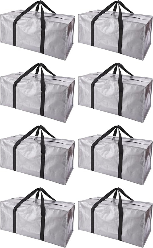 Extra Large Moving Bags with Zippers & Carrying Handles, Heavy-Duty Storage Tote for Space Saving Moving Storage, Fold Flat, Alternative to Box and Bin - 8 Pack, 40 Gal, Silver