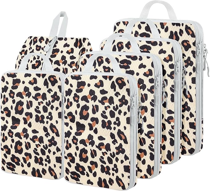 6 Set Compression Packing Cubes, Suitcase Organizer, Lightweight Travel Essentials, Compression Bags For Travel Accessories Luggage Storage Set (6Pcs, Brown Leopard)