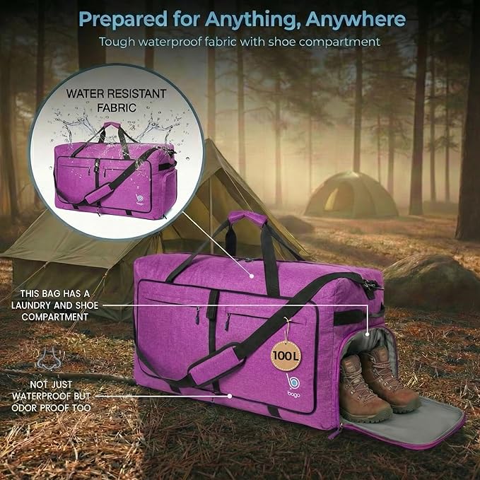 Bago Large Duffle Bag for Travel Women & Men. Durable Lightweight Foldable Travel Duffel Bags For Traveling Women. 100L Duffle Bags for Overnight Bag With Shoe Compartment Collapsible Weekender duffel