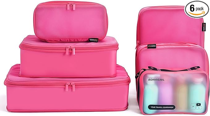 6 Set Compression Packing Cubes for 7–14 Day Travel, Durable Nylon Oxford Luggage Organizers with IP6X Waterproof Toiletry Bag, Expandable Suitcase Packing System (Rose Red)