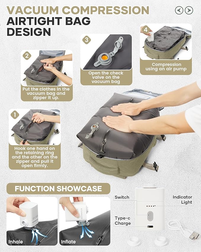 WONHOX Travel Vacuum Storage Backpack with Air Pump Vacuum Seal Compression Space Saver Bags Clothing Vacpack 18x14x8 inches Travel Bag Carry on Personal item Laptop Work Backpacks Women Men Khaki