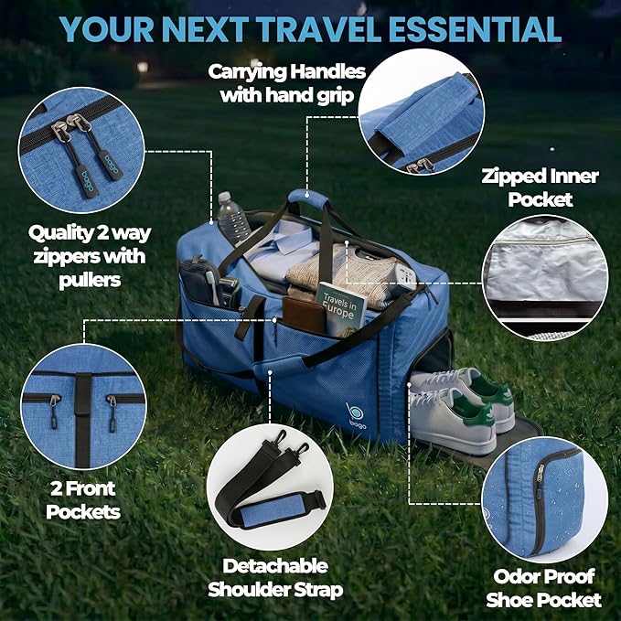 Bago Large Duffle Bag for Travel Women & Men. Durable Lightweight Foldable Travel Duffel Bags For Traveling Women. 80L Duffle Bags For Overnight Bag With Shoe Compartment Collapsible Weekender duffel