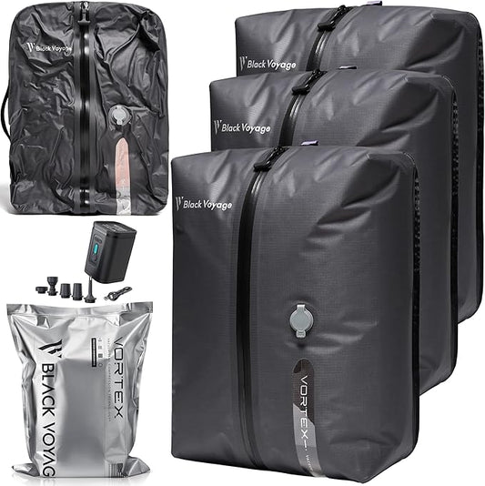 Black Voyage Reusable Vacuum Compression Travel Bag for Carry-On Suitcase and Backpack, Recycled IP67 Waterproof Space Saver Vacpack (3-Pack, 18L - Pump Included)