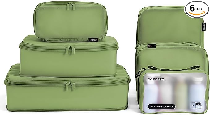 6 Set Compression Packing Cubes for 7–14 Day Travel, Durable Nylon Oxford Luggage Organizers with IP6X Waterproof Toiletry Bag, Expandable Suitcase Packing System (Forest Green)