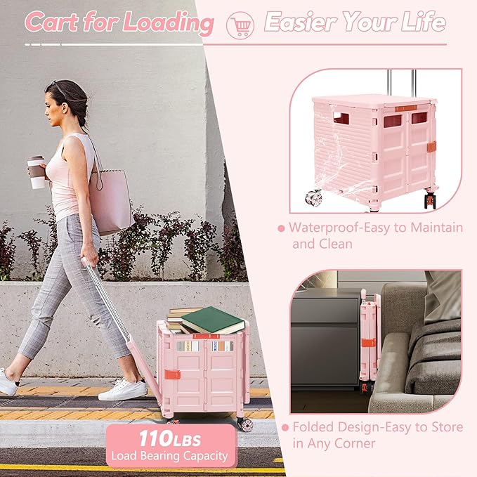 FELICON SELORSS Folding Utility Cart Rolling Crate Tote Basket Box Storage Handcart on 4 Swivel Wheels with Adjustable Handle Extended Magnetic Lid for Teacher Move Shop Travel Grocery Office(Pink)