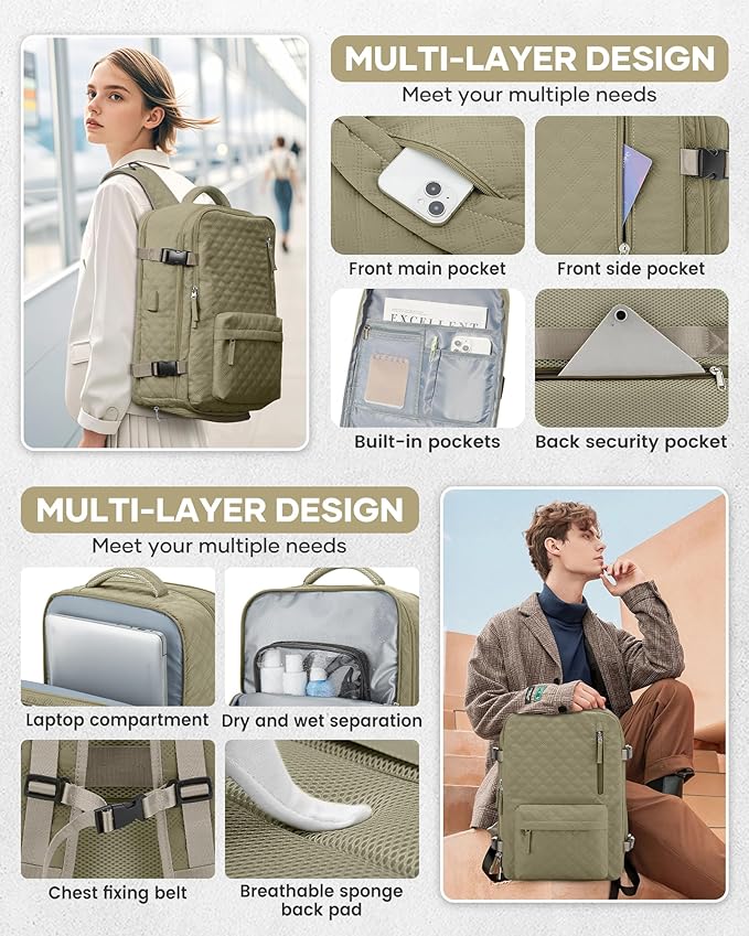 WONHOX Travel Vacuum Storage Backpack with Air Pump Vacuum Seal Compression Space Saver Bags Clothing Vacpack 18x14x8 inches Travel Bag Carry on Personal item Laptop Work Backpacks Women Men Khaki